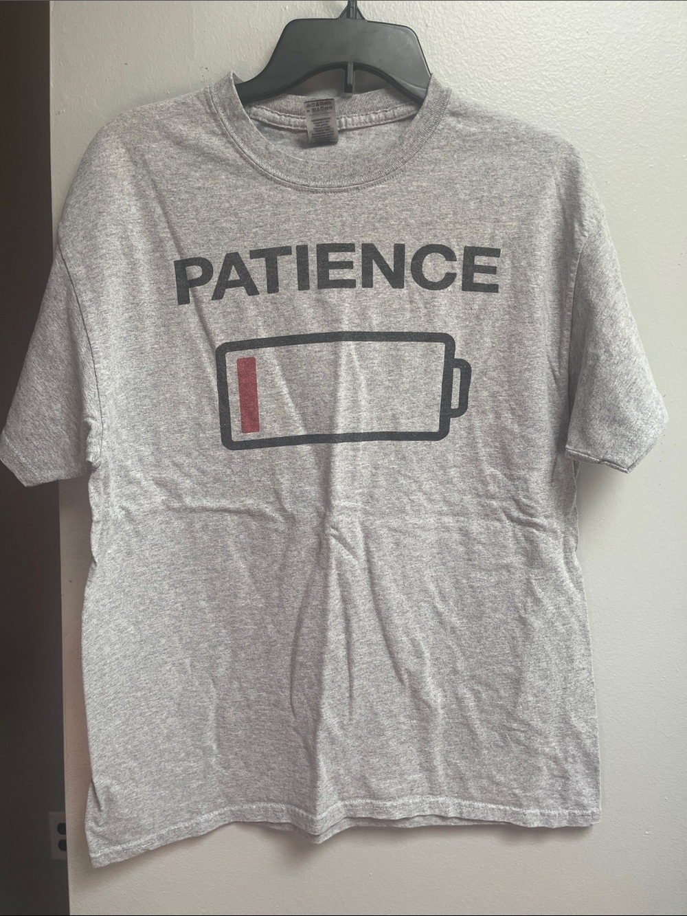 Gildan Gray 'PATIENCE' Battery Graphic Tee with Red Accent